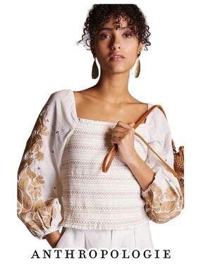 Anthropologie White Peasant Blouse with Tan Embroidered Sleeves
